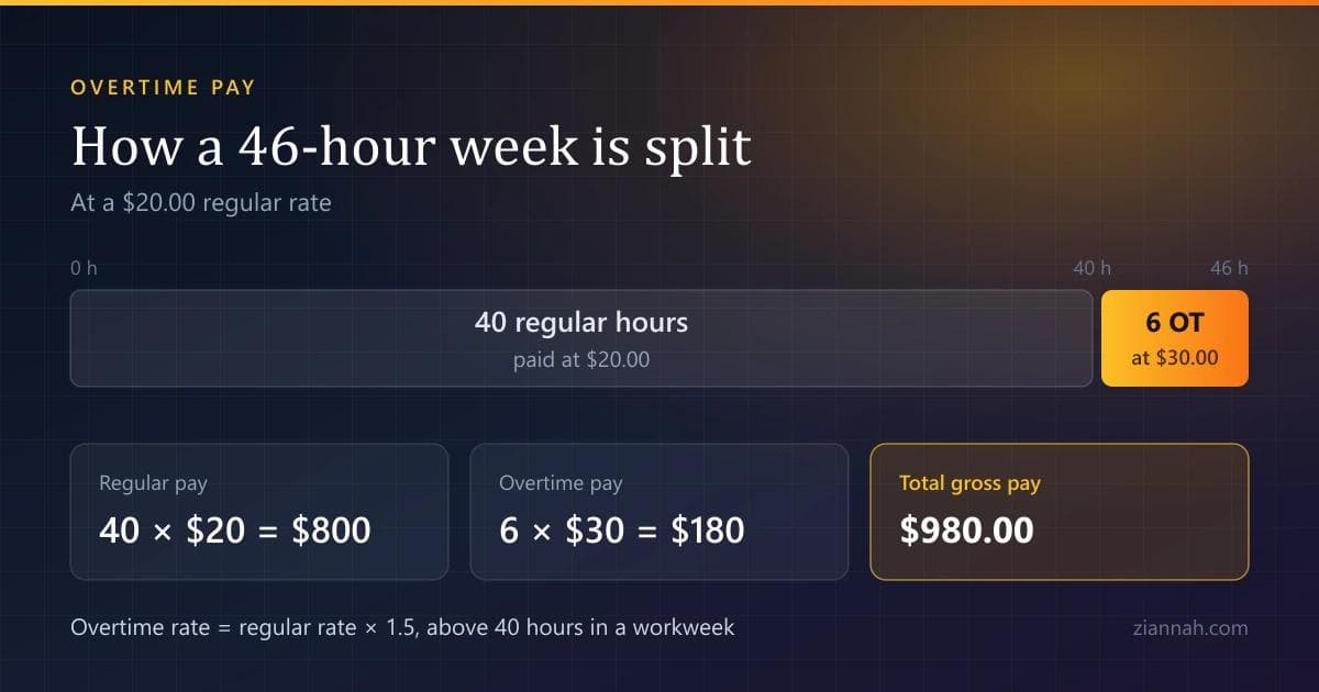 Bar splitting a 46-hour workweek into 40 regular hours at $20 and 6 overtime hours at $30, totalling $980 gross pay