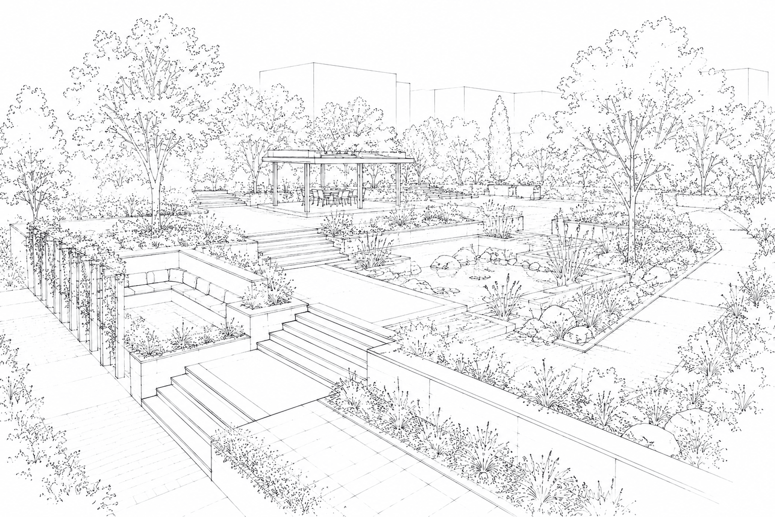 Raw 3D model view of a landscape courtyard with water feature and stepped terraces before AI rendering
