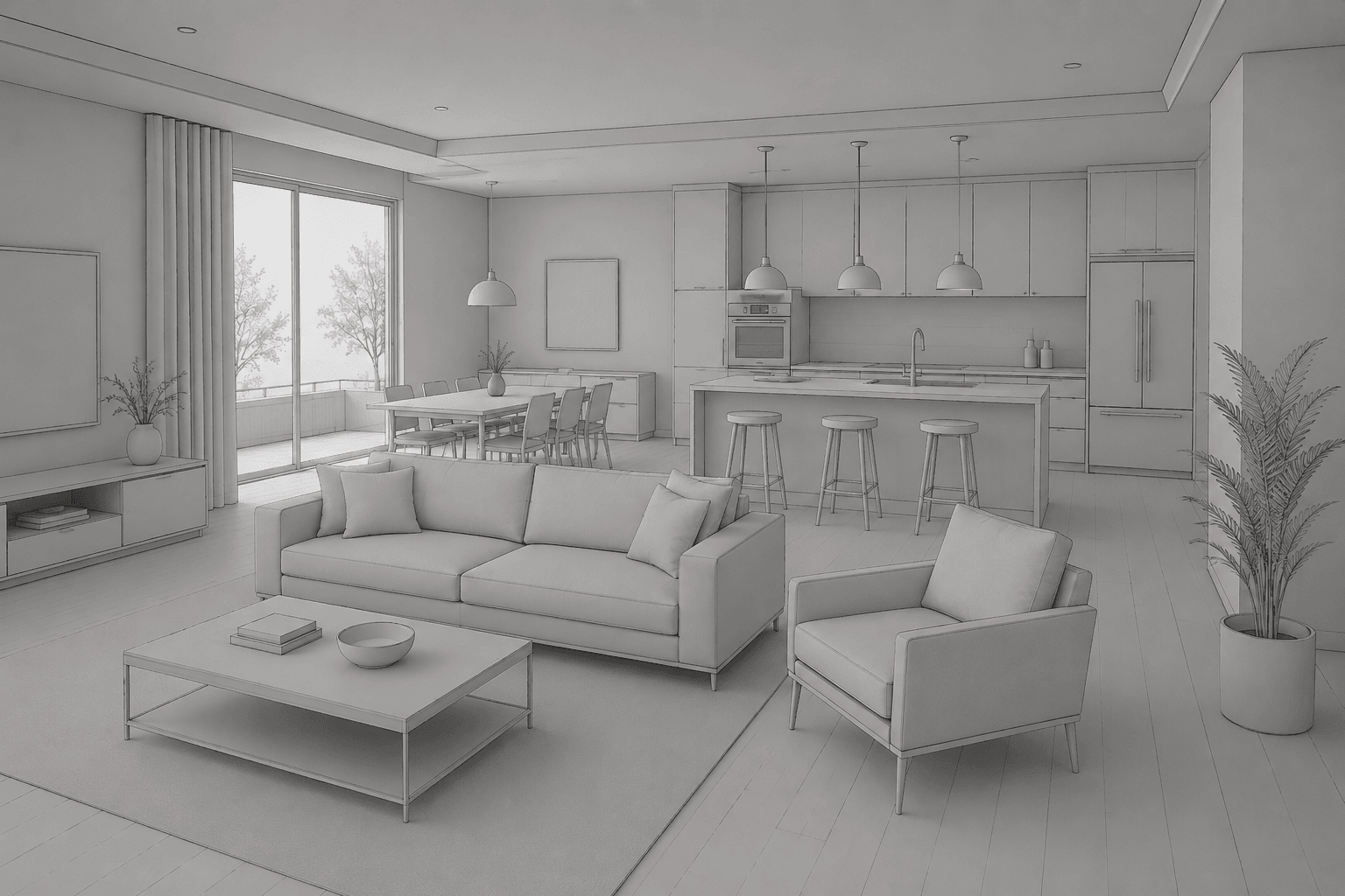 Raw 3D model view of a living-room interior before AI rendering