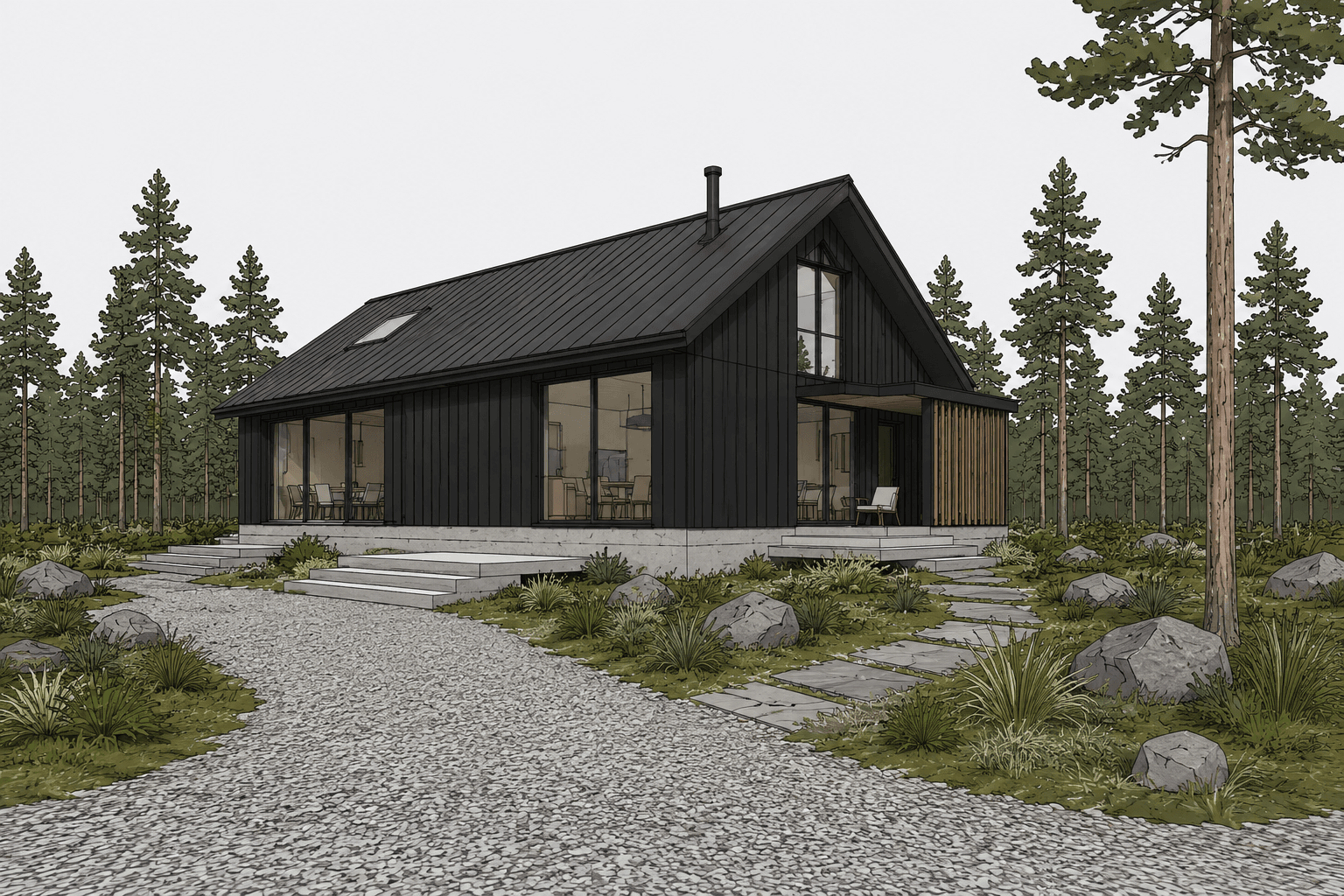 Raw 3D model view of a modern cabin exterior, before AI rendering