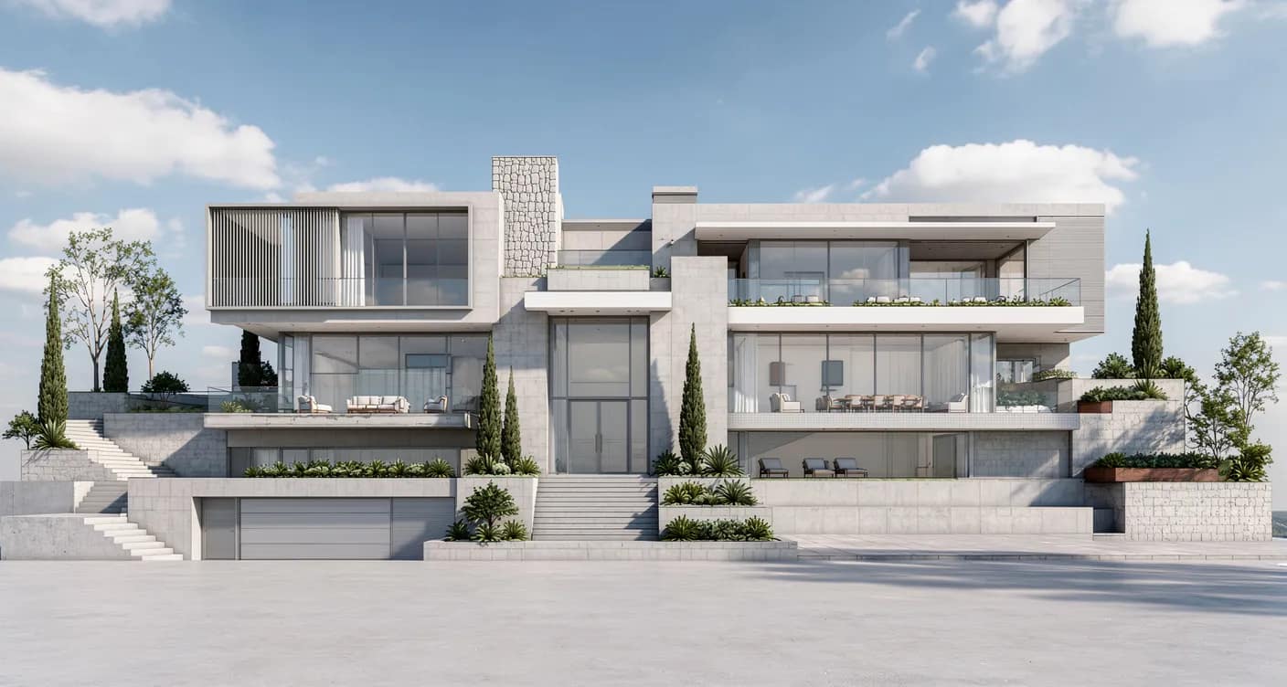 Contemporary villa front elevation render at standard resolution