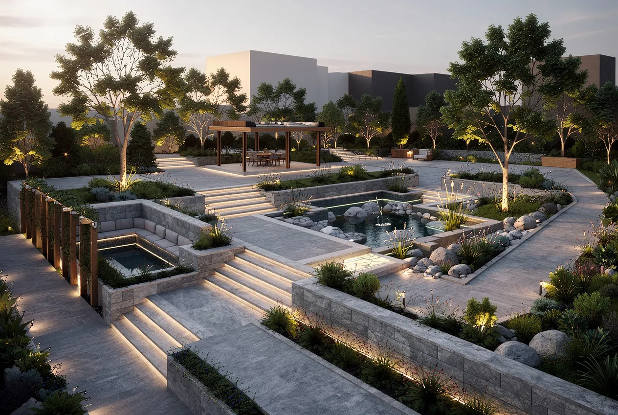 Photoreal evening render of a landscape courtyard with reflective pools, planters, and ambient lighting generated by Ziannah