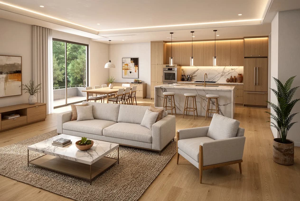 Photoreal living-room interior render generated by Ziannah from a 3D model
