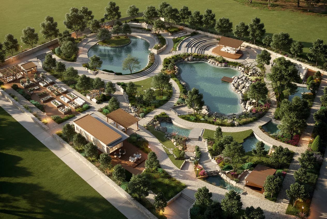 Aerial architectural render of a community masterplan generated by Ziannah