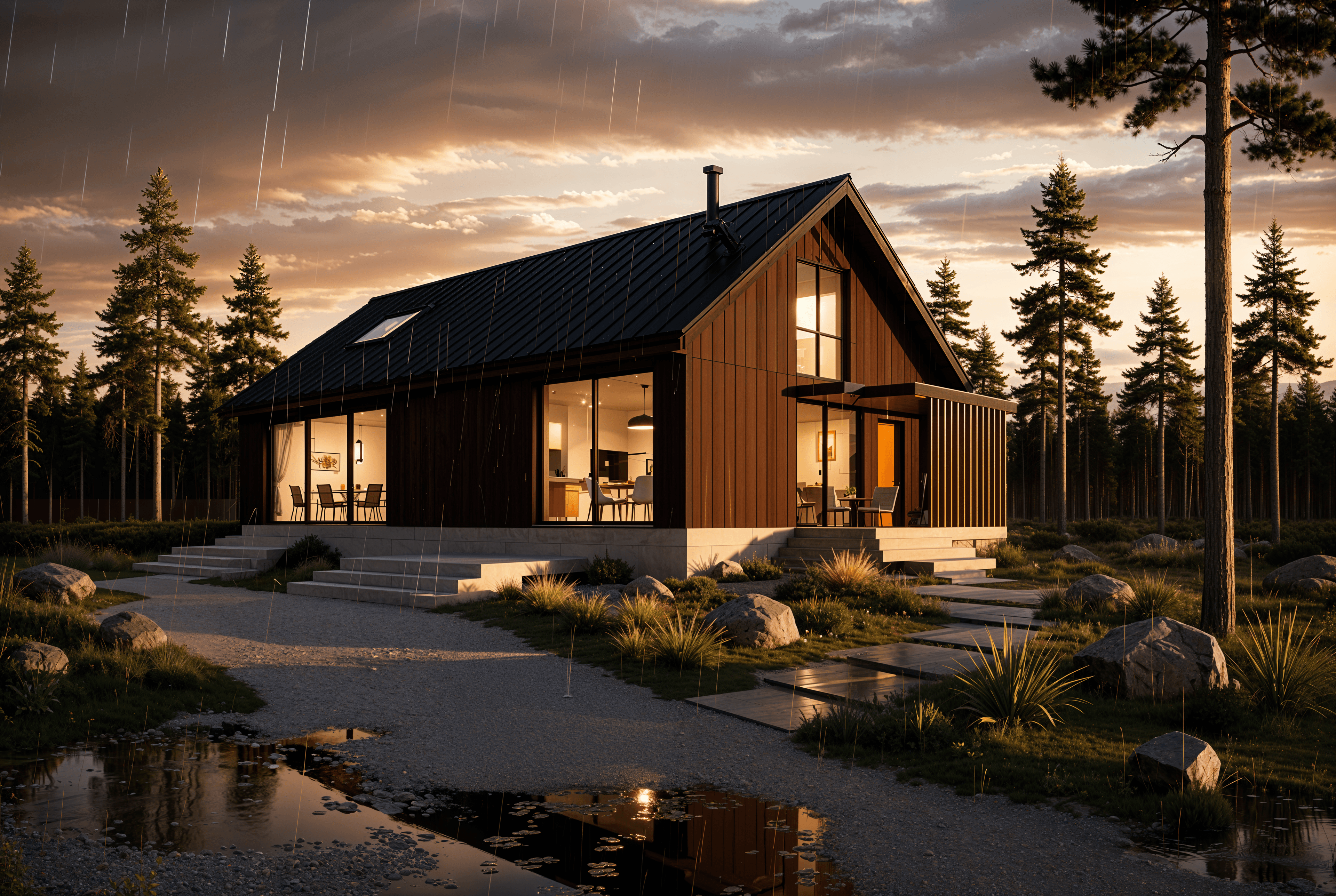 Modern cabin exterior rendered during a rainy sunset with warm gold light through cloud