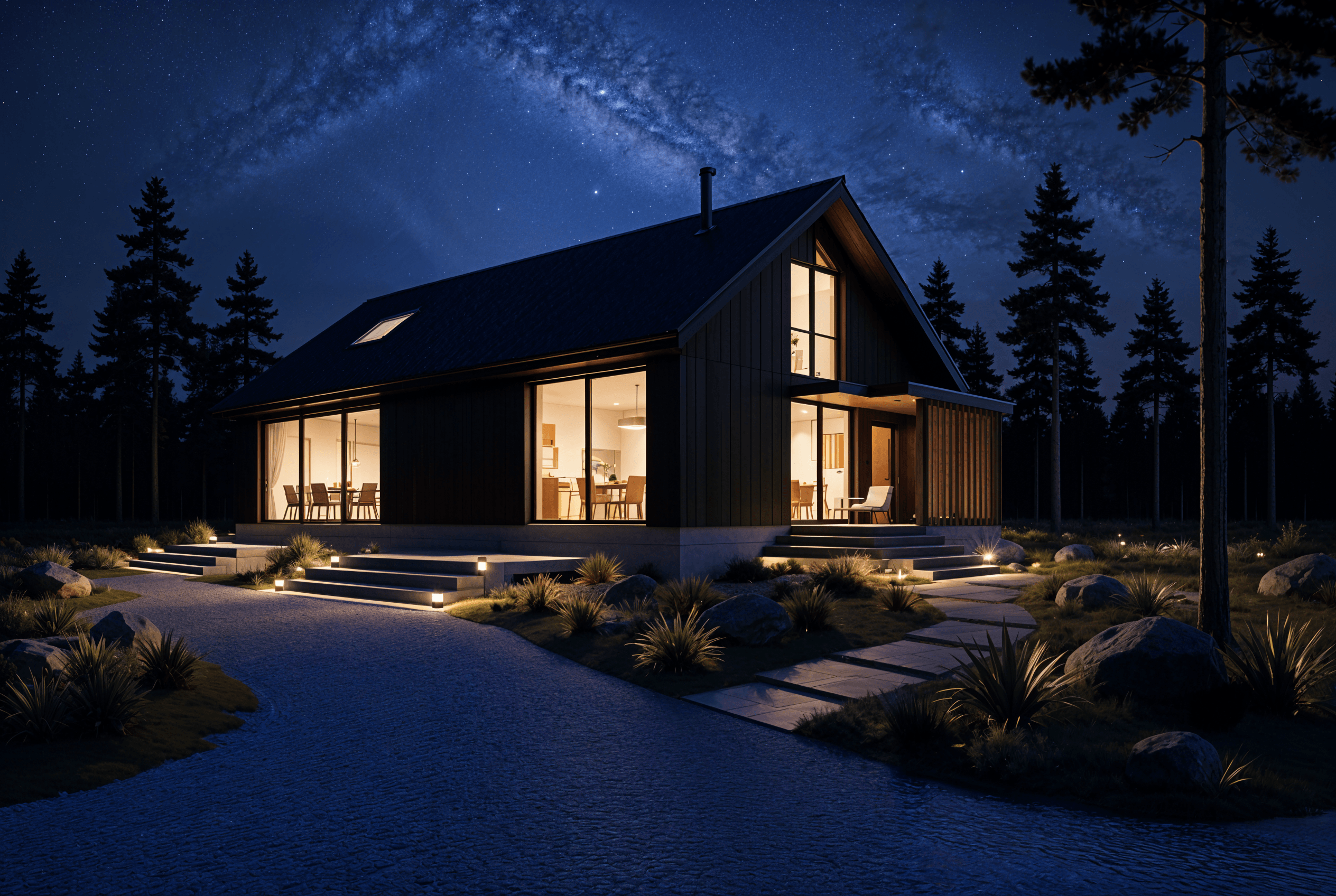 Modern cabin exterior rendered under a clear night sky