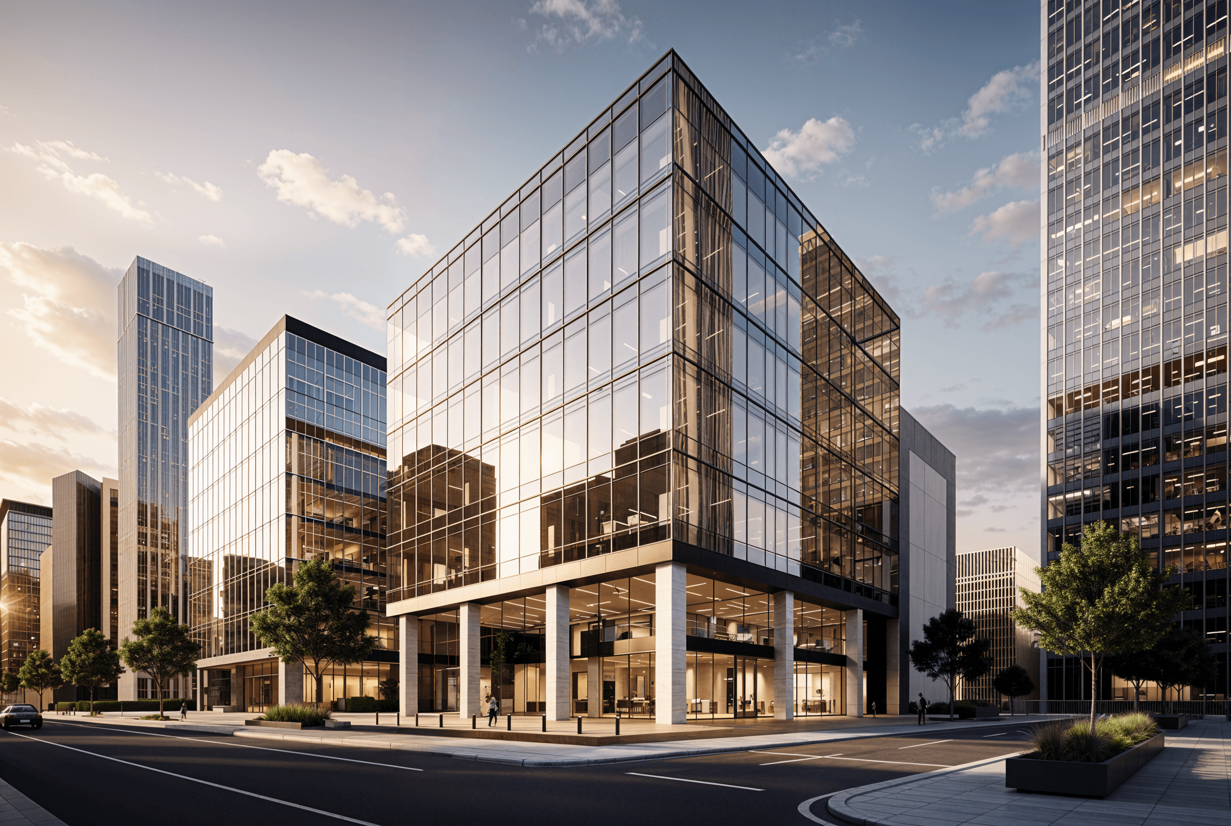 Office tower exterior render upscaled to print resolution