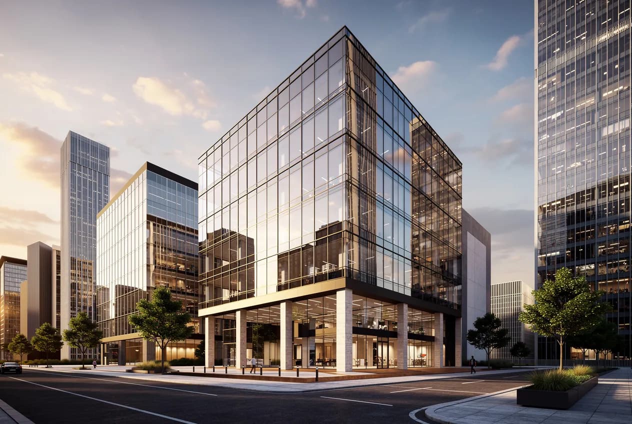 Exterior architectural render of an office tower generated by Ziannah